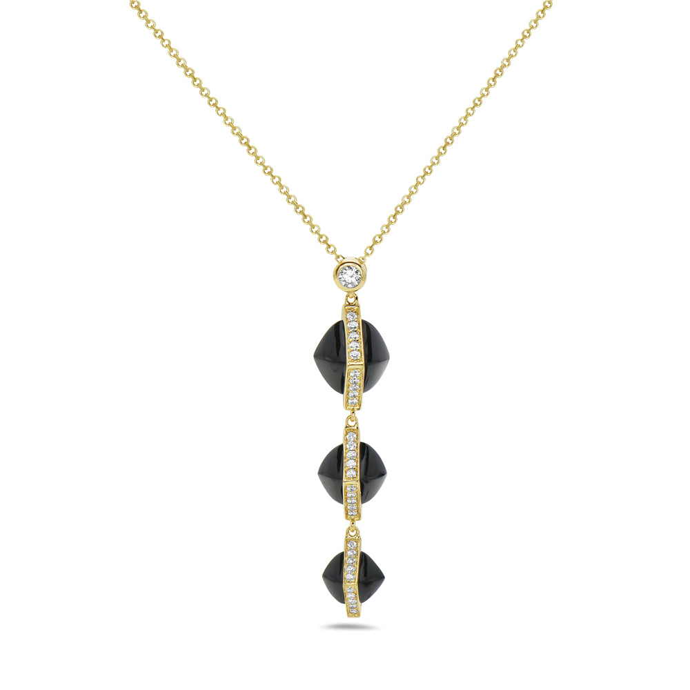 14KY TRIPLE SHAPE ONYX AND DIAMONDS NECKLACE. ON 18 INCHES CHAIN