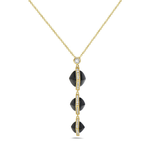 14K TRIPLE SHAPE ONYX PENDANT WITH 60 DIAMONDS 0.50CT ON 18 INCHES CABLE CHAIN