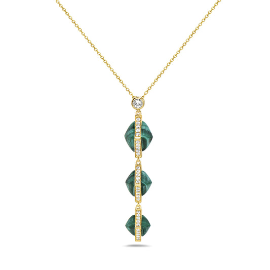 14K TRIPLE SHAPED MALACHITE PENDANT WITH 60 DIAMONDS 0.50CT ON 18 INCHES CABLE CHAIN