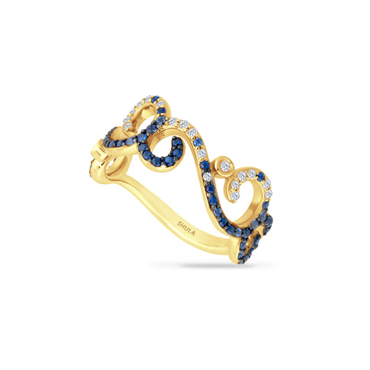 14K WAVE RING WITH 55 SAPPHIRES 0.40CT AND 19 DIAMONDS 0.11CT