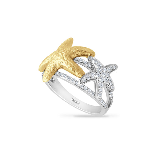 14K TWO TONE DOUBLE STARFISH RING WITH 65 DIAMONDS 0.50CT