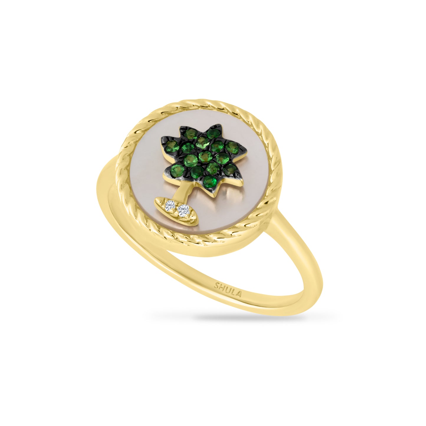 14K PALM TREE RING WITH 2 DIAMONDS 0.01CT, 15 GREEN GARNETS 0.11CT & 1 MOTHER OF PEARL IN 13MM DIAMETER