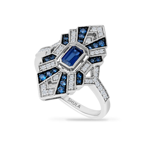 14K ART DECO DESIGN RING WITH 0.20CT DIAMONDS & 0.54CT SAPPHIRES