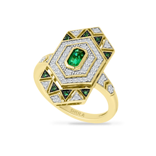 14K ART DECO DESIGN RING WITH 0.25CT DIAMONDS & EMERALDS 0.42CT