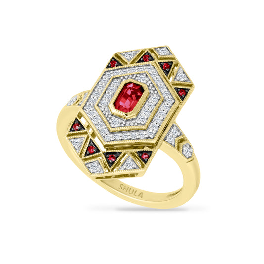 14K ART DECO DESIGN RING WITH 0.25CT DIAMONDS & 0.42CT RUBIES