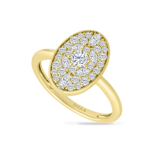 14K OVAL DESIGN RING WITH MARQUISE DIAMONDS 0.28CT & ROUND DIAMONDS 0.47CT