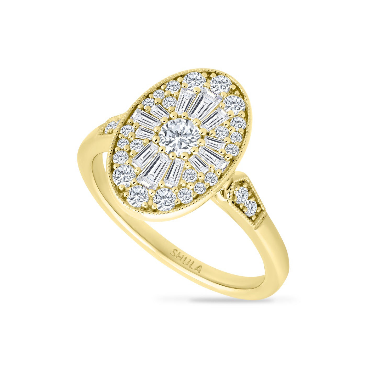 14K OVAL DESIGN RING WITH ROUND DIAMONDS 0.46CT AND BAGUETTE DIAMONDS 0.24CT