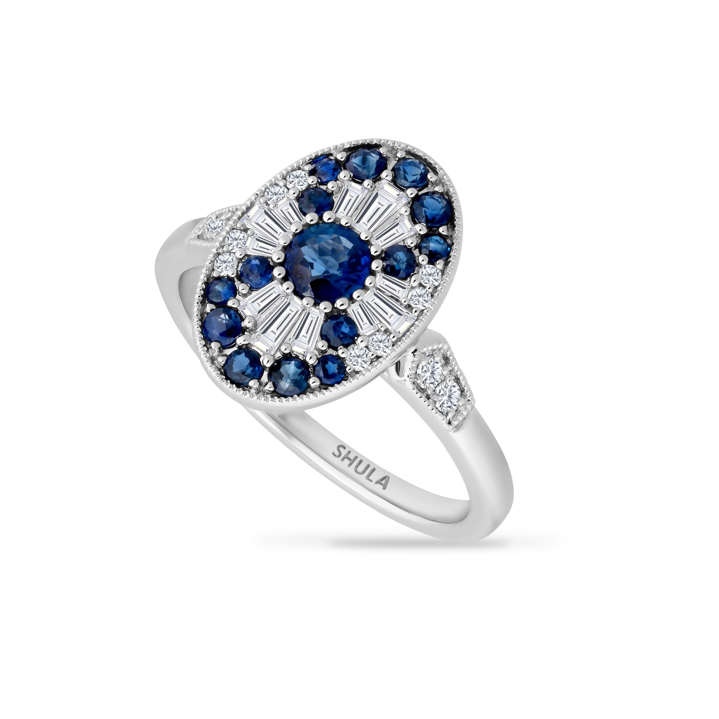 14KW RING WITH 12 ROUND DIAMONDS 0.09CT, 12 BAGUETTE DIAMONDS 0.16CT, & 15 BLUE SAPPHIRES 0.78CT