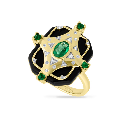 14K RING WITH 22 DIAMONDS 0.08CT, 1 CENTER EMERALD 0.45CT, 4 EMERALDS 0.16CT & BLACK ONYX 1.00CT