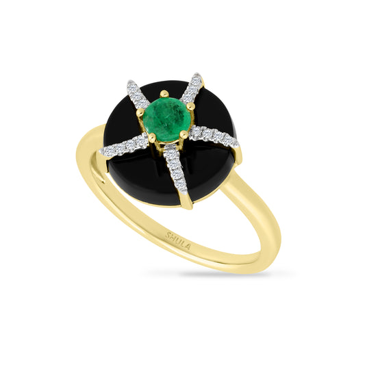 14K ROUND SHAPED RING WITH 20 DIAMONDS 0.07CT, 1 EMERALD 0.29CT & BLACK ONYX