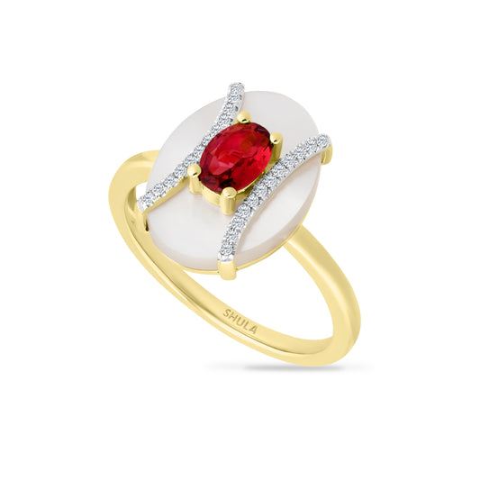 14K RING WITH OVAL SHAPED MOTHER OF PEARL, 24 DIAMONDS 0.09CT AND 1 PINK TOURMALINE 0.37CT