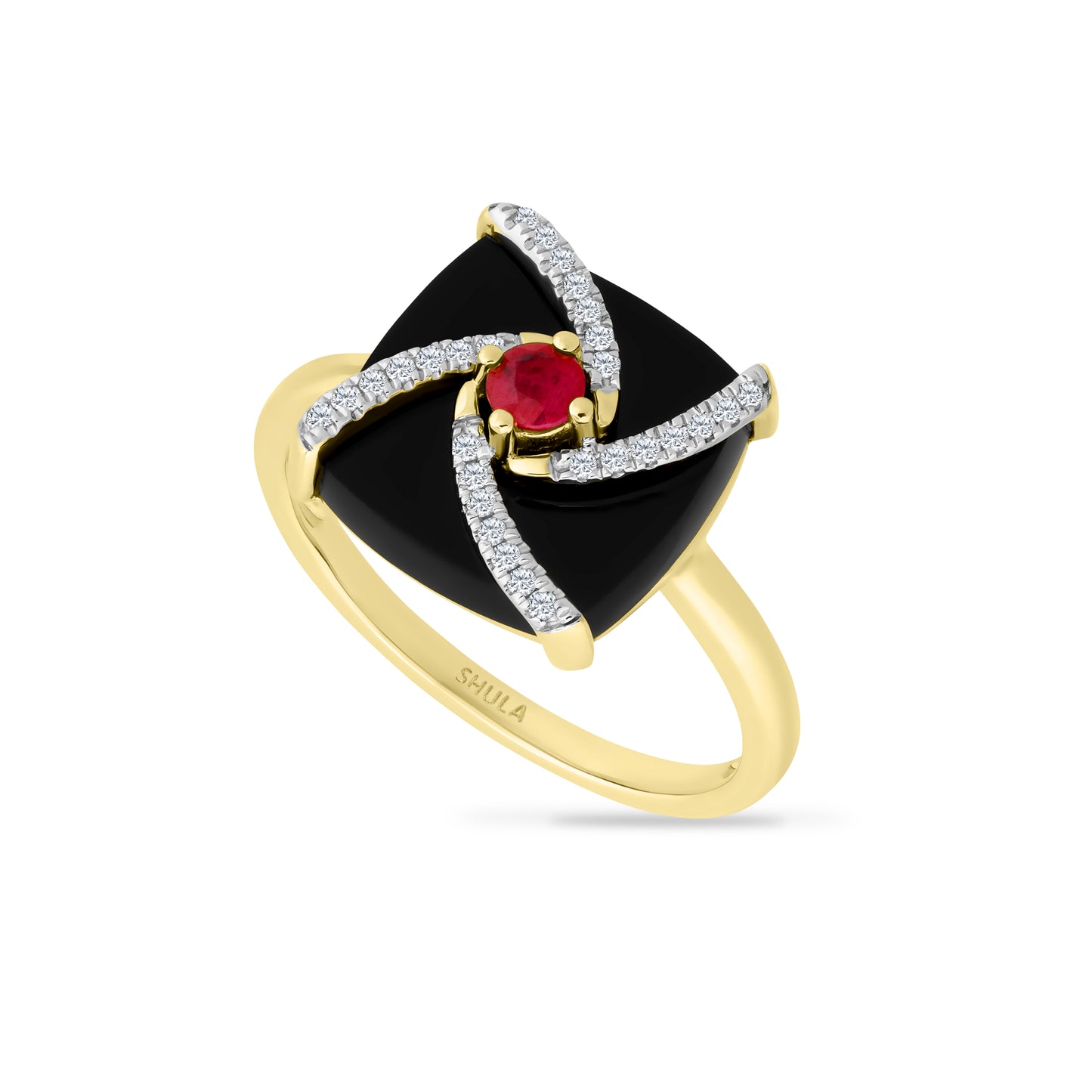 14K SQUARE SHAPED RING WITH 28 DIAMONDS 0.09CT, 1 RUBY 0.16CT & BLACK ONYX