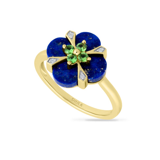 14K FLOWER SHAPED RING WITH 4 DIAMONDS 0.03CT, 4 TSAVORITE 0.18CT & LAPIS