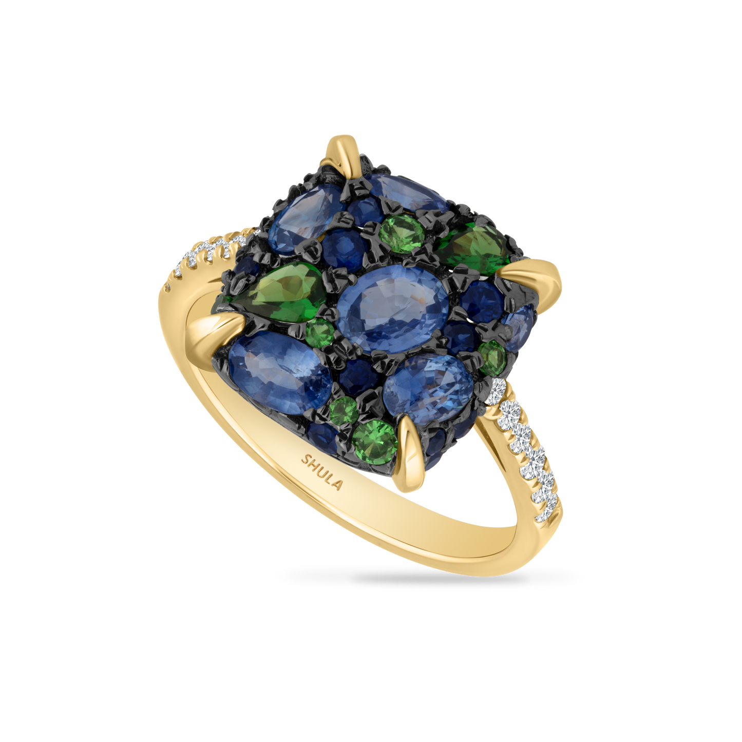 14K RING WITH 12 DIAMONDS 0.15CT, 20 FANCY BLUE SAPPHIRE 1.77CT & 11 GREEN GARNET 0.45CT