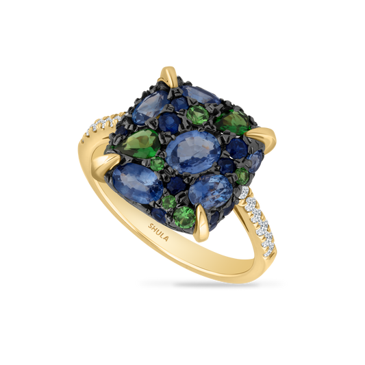 14K RING WITH 12 DIAMONDS 0.15CT, 20 FANCY BLUE SAPPHIRE 1.77CT & 11 GREEN GARNET 0.45CT