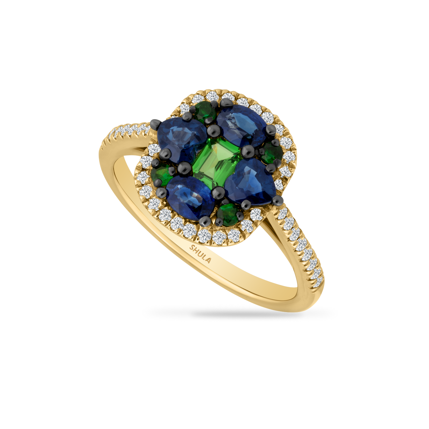 14K EMERALD SHAPED MULTI COLORED RING SET BLUE SAPPHIRES, DIAMONDS AND GARNETS