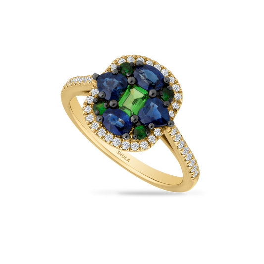14K EMERALD SHAPED MULTI COLORED RING SET BLUE SAPPHIRES, DIAMONDS AND GARNETS