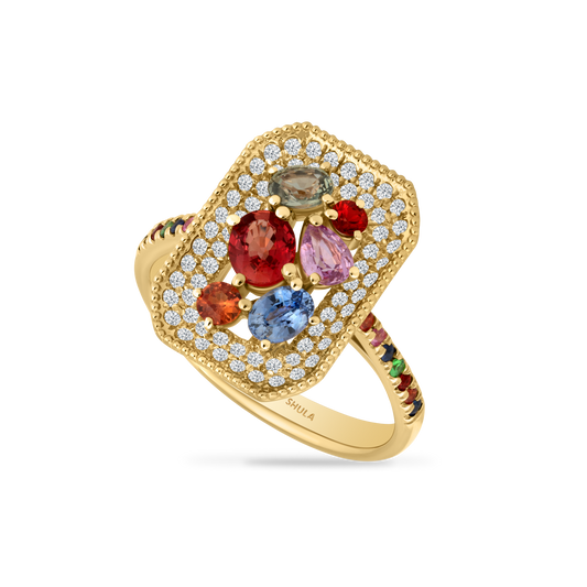 14K RING WITH 64 DIAMONDS 0.28CT, 18 FANCY COLOR SAPPHIRES 1.22CT & 2 GREEN GARNETS 0.04CT