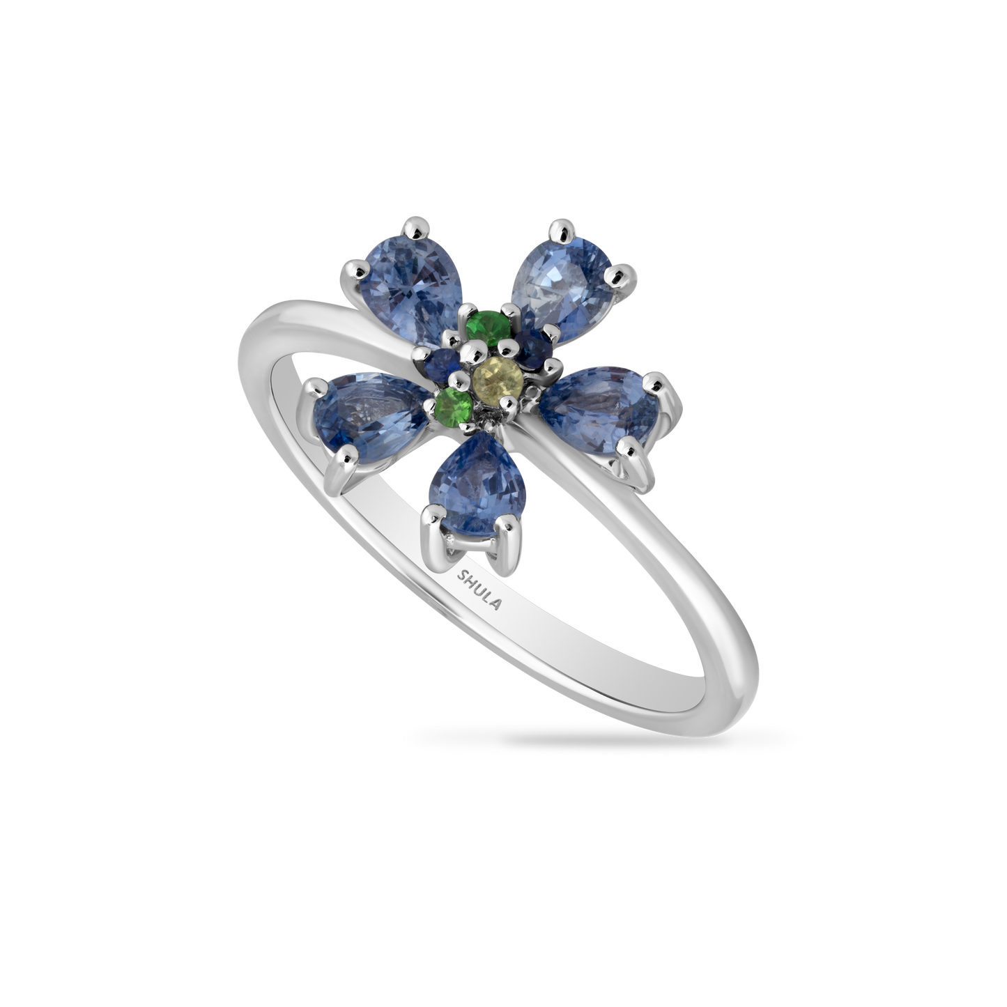 14K RING WITH 2 ROUND SAPPHIRES 0.03CT, 1 ROUND CITRINE 0.02CT, 2 GREEN GARNETS 0.03C AND 5 FANCY BLUE SAPPHIRES 0.91CT