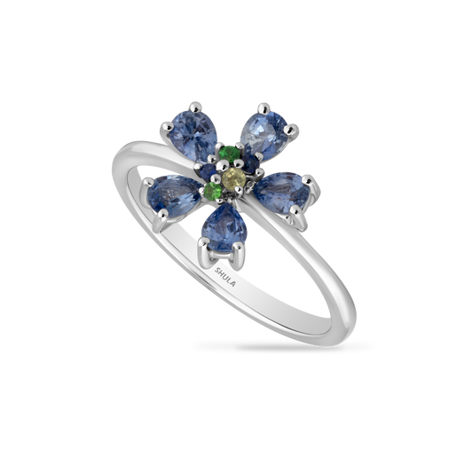 14K RING WITH 2 ROUND SAPPHIRES 0.03CT, 1 ROUND CITRINE 0.02CT, 2 GREEN GARNETS 0.03C AND 5 FANCY BLUE SAPPHIRES 0.91CT