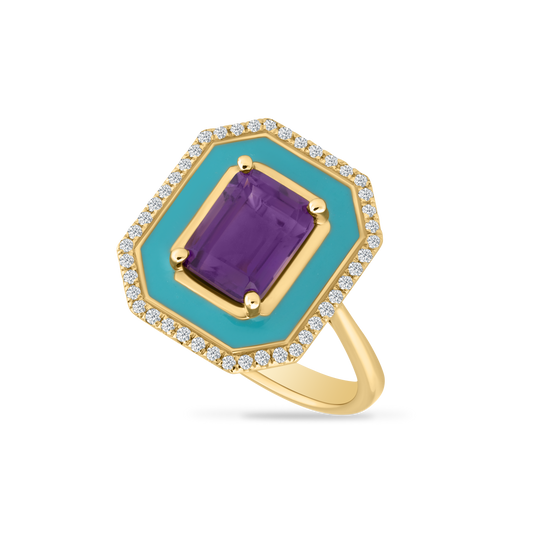 14K RING WITH 44 DIAMONDS 0.18CT, 1 AEM 1.51CT & BLUE ENAMEL