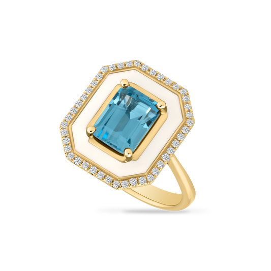 14K RING WITH 44 DIAMONDS 0.18CT, 1 BLUE TOPAZ 2.37CT & WHITE ENAMEL WHITE