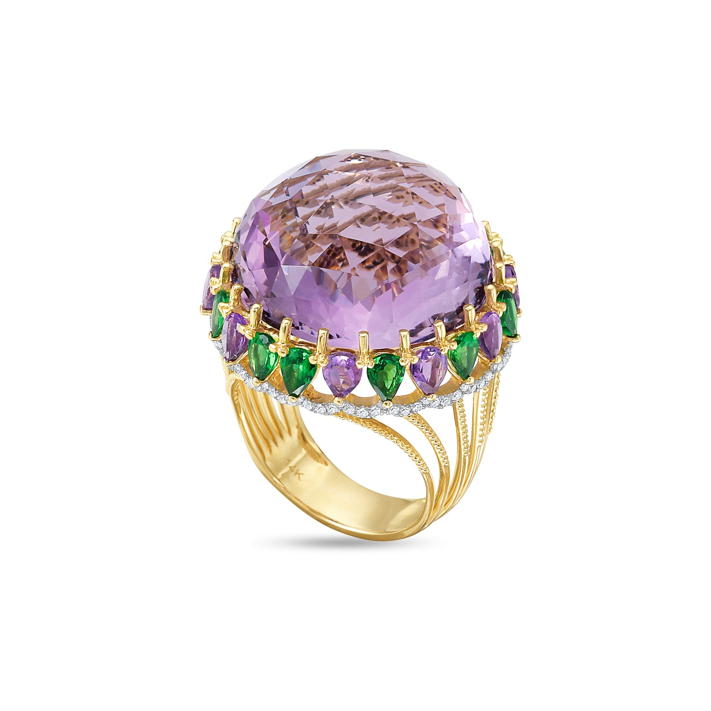 14K CHUNKY COLOR RING SET WITH LARGER CABOCHON, 12 GREEN GARNETS 1.66CT, 1 ROUND AMETHYST 34.85CT, 10 STONES 1.39CT