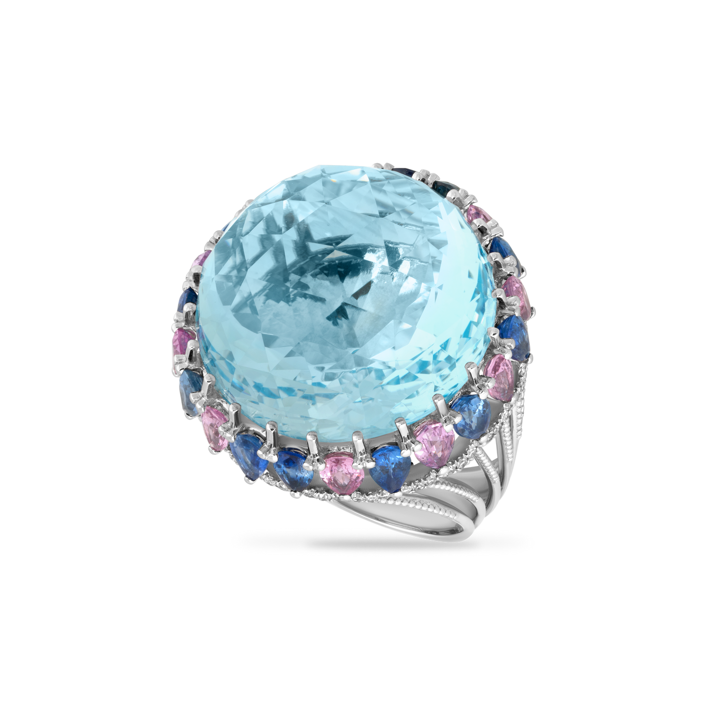 14K RING WITH 88 DIAMONDS 0.25CT, 10 PINK SAPPHIRES 1.90CT, 1 BLUE TOPAZ 46.32CT AND 12 FANCY SAPPHIRES 2.53CT