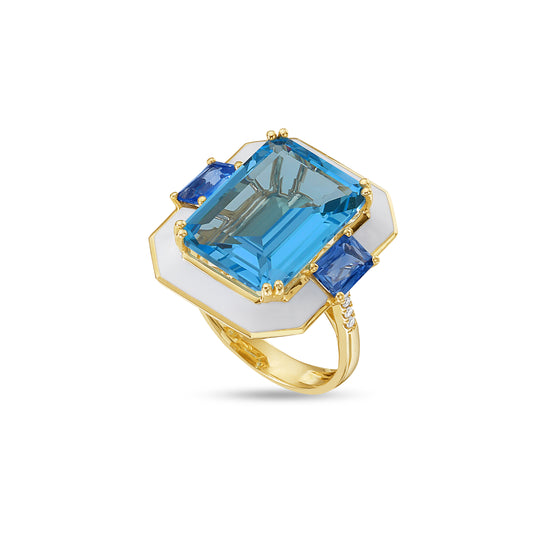 14K RING WITH 10 DIAMONDS 0.06CT, 2 STONES 1.24CT AND 1 BLUE TOPAZ 12CT