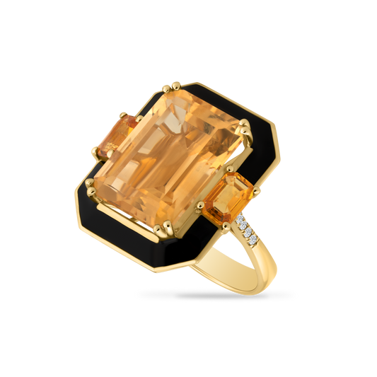 14K RING WITH 10 DIAMONDS 0.06CT, 2 FANCY SAPPHIRES 1.30CT AND 1 CITRINE 10.55CT