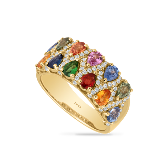 14K COLORFUL RING WITH CITRINE, FANCY SAPPHIRES AND GREEN GARNETS