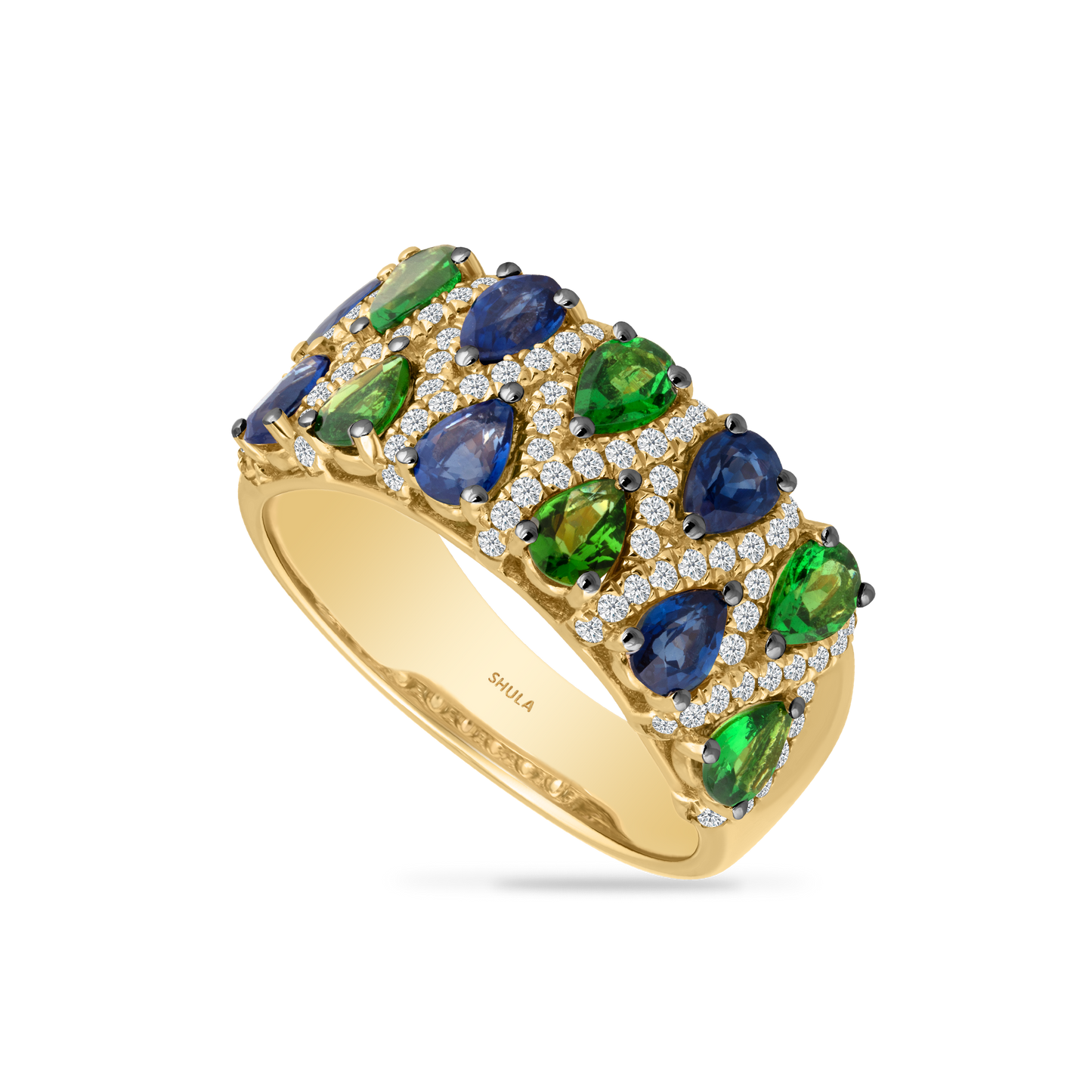 14K RING WITH 87 DIAMONDS 0.33CT, 6 BLUE SAPPHIRES 1.30CT AND 6 GREEN GARNETS 0.85CT