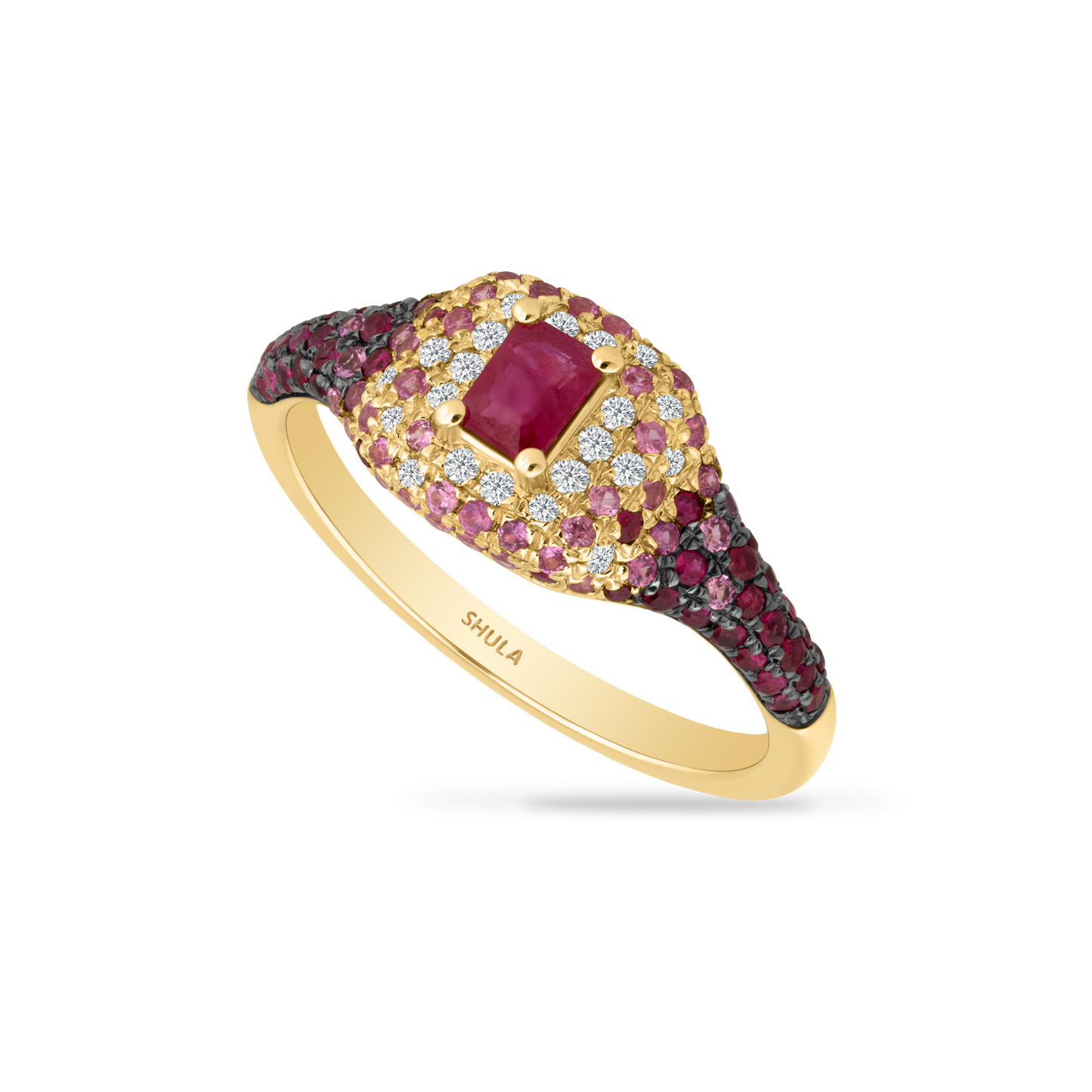 14K RING WITH 22 DIAMONDS 0.11CT, 46 RED RUBIES 0.29CT, 48 PINK SAPPHIRES 0.28CT AND 1 CENTER RUBY EMERALD 0.33CT RING