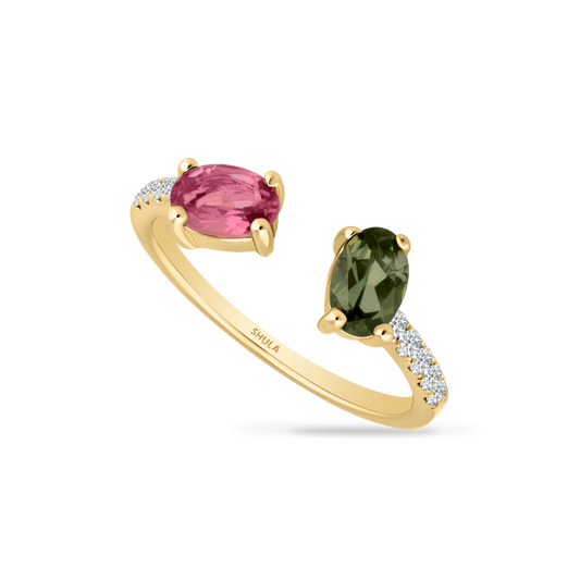 14K OPEN RING WITH 9 DIAMONDS 0.16CT & 2 OVAL TOURMALINES 0.80CT