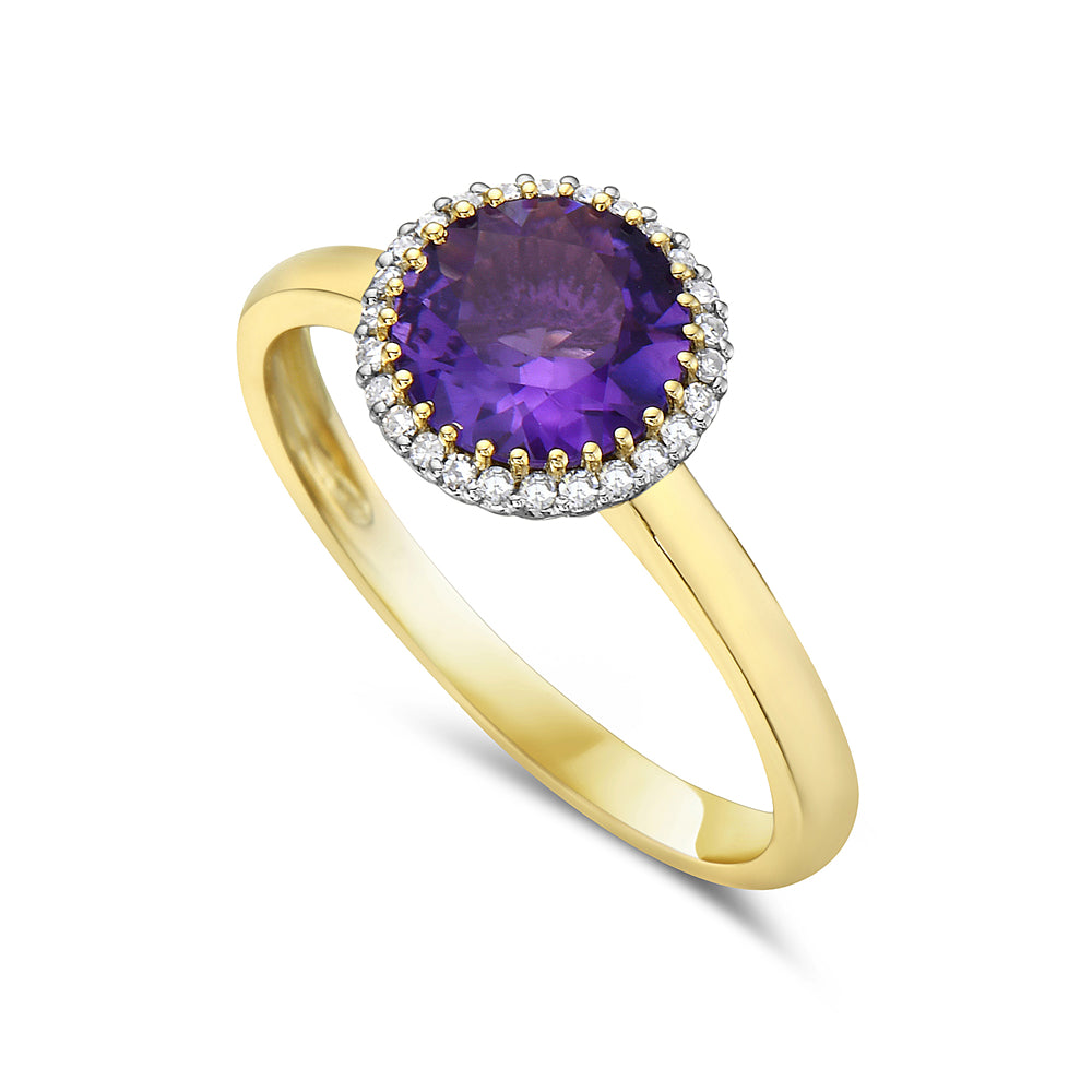 14K RING WITH 26 DIAMONDS 0.09CT & 7MM ROUND AMETHYST 1.05CT