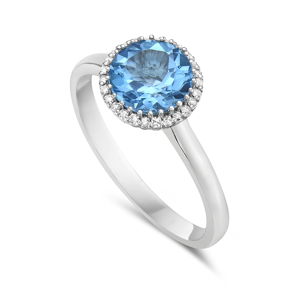 14K RING WITH 26 DIAMONDS 0.09CT & 7MM ROUND BLUE TOPAZ 1.85CT