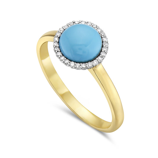 14K RING WITH 26 DIAMONDS 0.09CT & 7MM ROUND RECON TURQUOISE 2.01CT