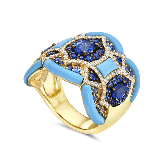 14KY RECON TURQUISE AND SAPPHIRES ART DECO DIAMOND RING