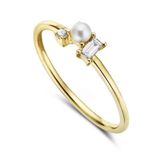 14K ELEGANT PEARL RING WITH 1 DIAMOND 0.025CT AND 1 BAGUETTE DIAMOND 0.080CT