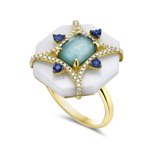 14K RING WITH OCTAGON WHITE 2CT, 58 DIAMONDS 0.20CT, 4 SAPPHIRES 0.22CT AND CENTER DOUBLET AMAZONITE AND CRYSTAL
