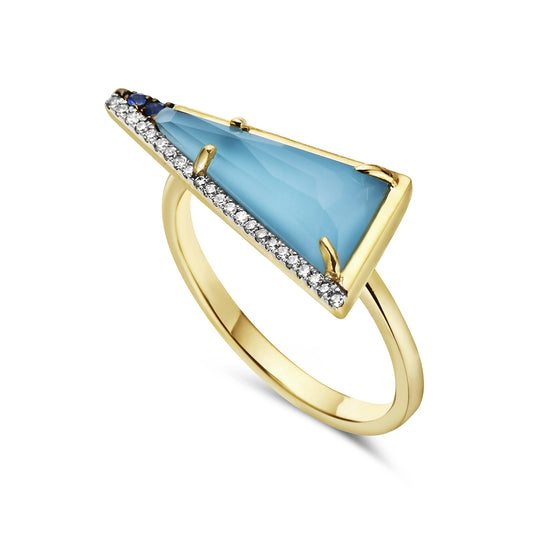 14K DOUBLET RING IN 1 TRIANGLE SHAPED RECON TURQUOISE AND 1 CRYSTAL, WITH 2 BLUE SAPPHIRES 0.35CT AND 23 DIAMONDS 0.080CT