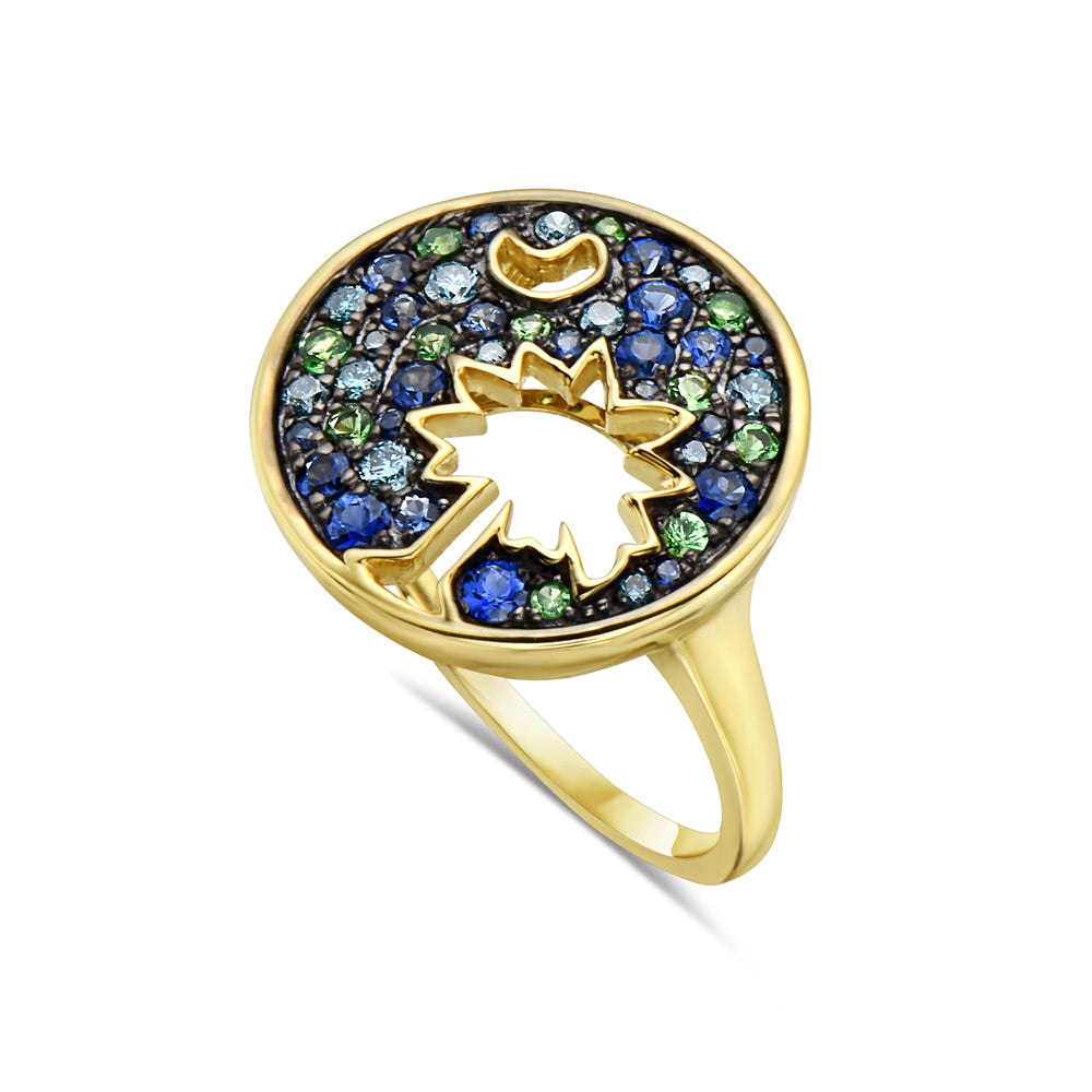 14K PALMETTO TREE RING WITH DIAMONDS, SAPPHIRES AND GREEN GARNETS