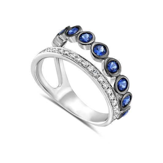 14K OPEN RING WITH 9 BLUE SAPPHIRES 0.90CT AND 23 DIAMONDS 0.24CT