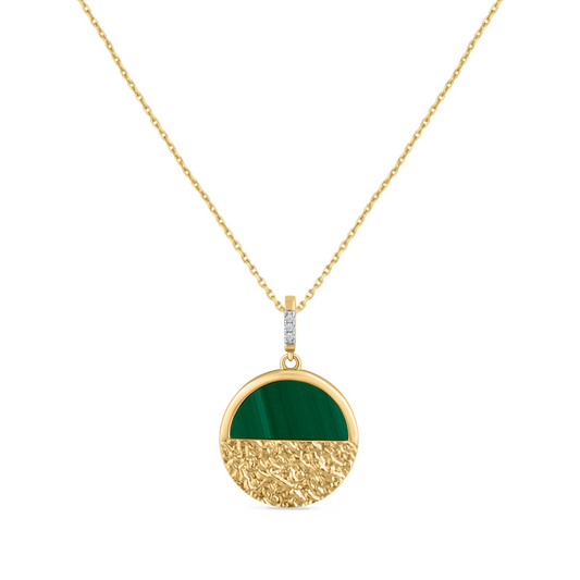 14K GREEN MALACHITE PENDANT WITH 3 DIAMONDS 0.010CT ON 18 INCHES CABLE CHAIN