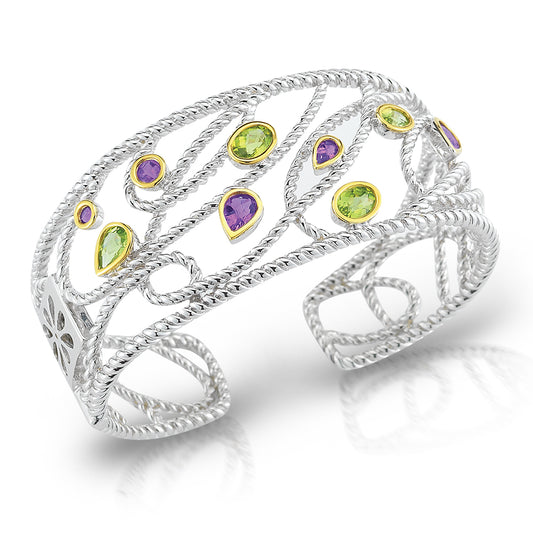 STERLING SILVER AND 14K YELLOW GOLD AMETHYST AND PERIDOT CUFF