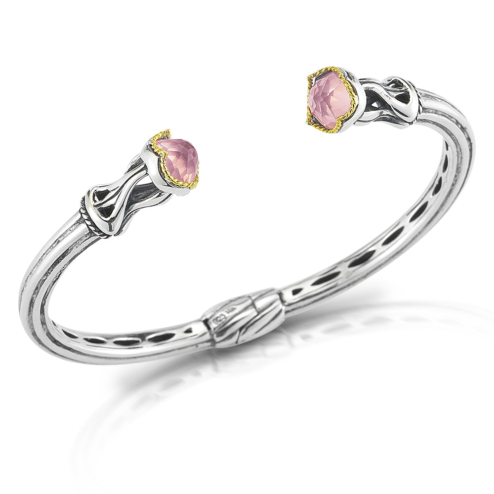 STERLING SILVER AND 14K YELLOW GOLD ROSE QUARTZ BANGLE