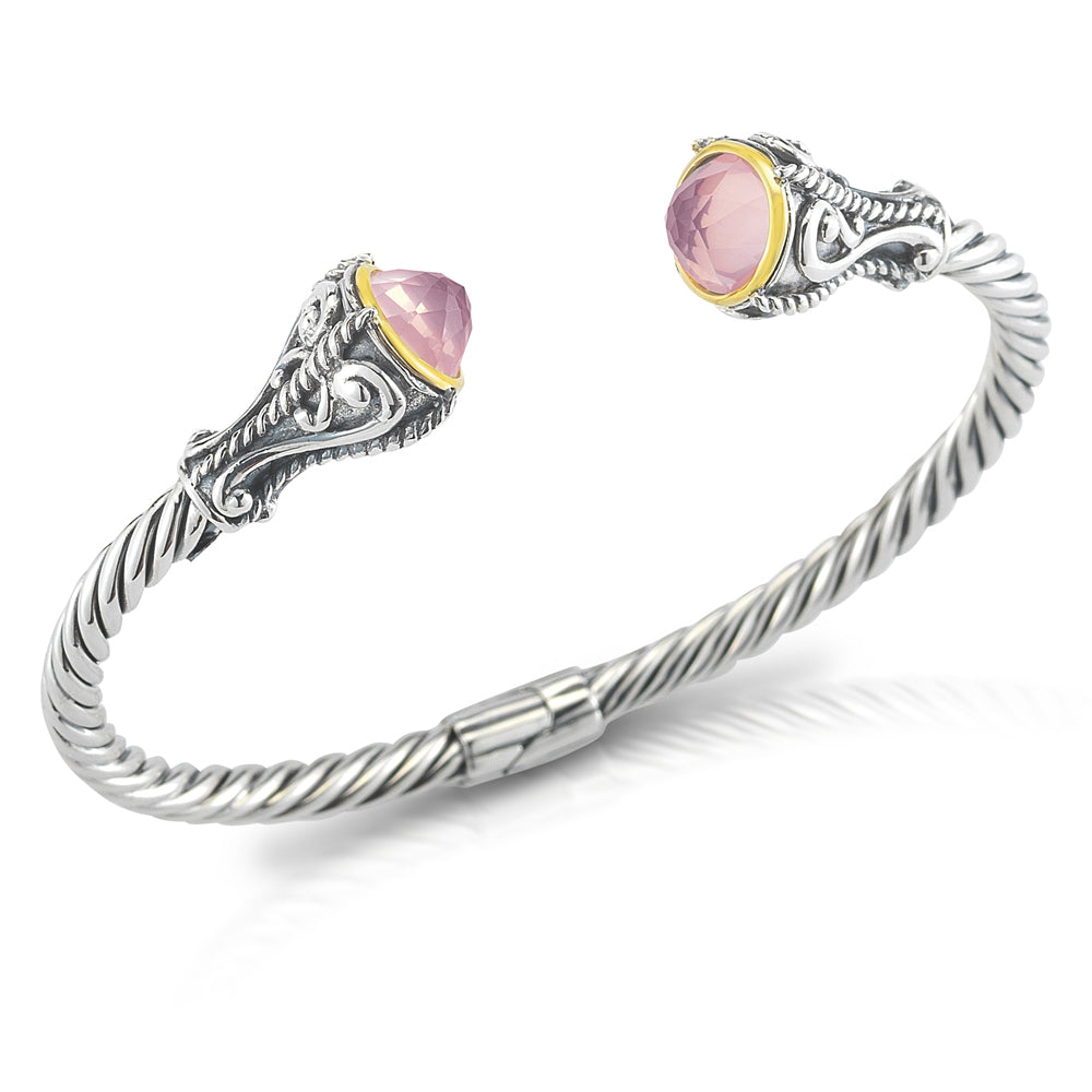 STERLING SILVER AND 14K YELLOW GOLD ROSE QUARTZ BANGLE
