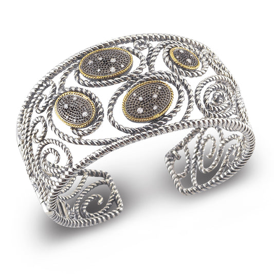 STERLING SILVER AND 14K HINGED CUFF SET WITH DIAMONDS IN BLACK RHODIUM