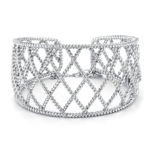 WIDE STERLING SILVER CHECKERBOARD SHAPED HINGED CUFF