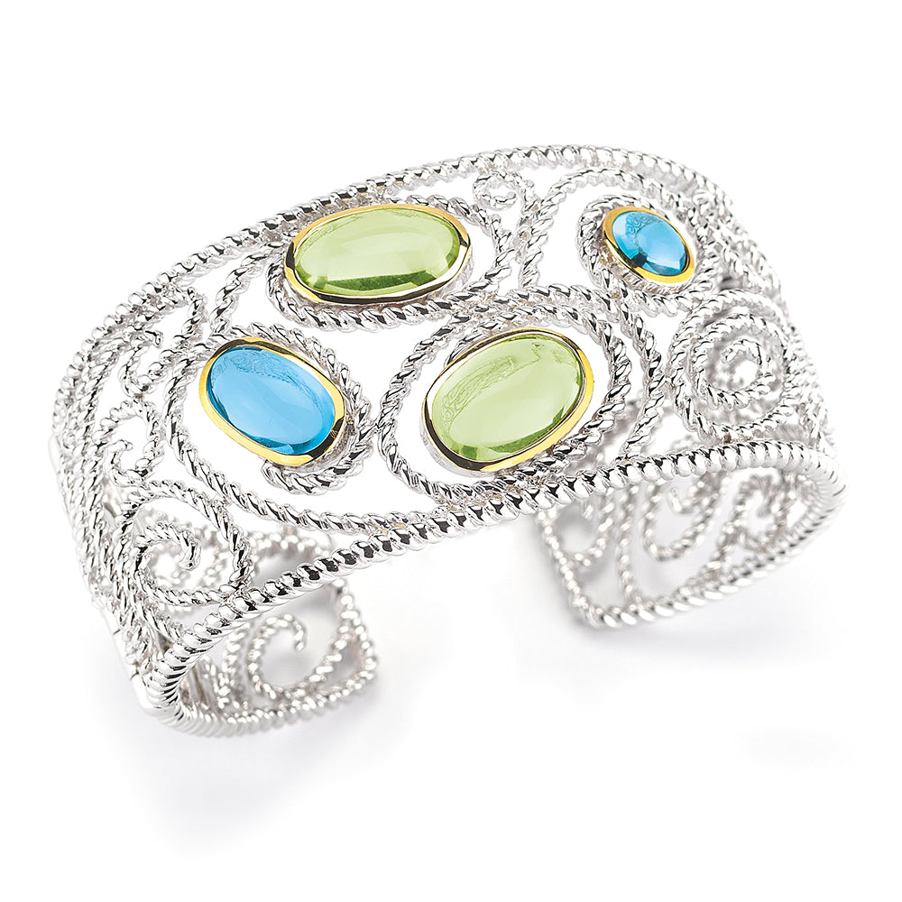 STERLING SILVER AND 14K YELLOW GOLD BANGLE WITH GREEN AMETHYST AND BLUE TOPAZ STONES